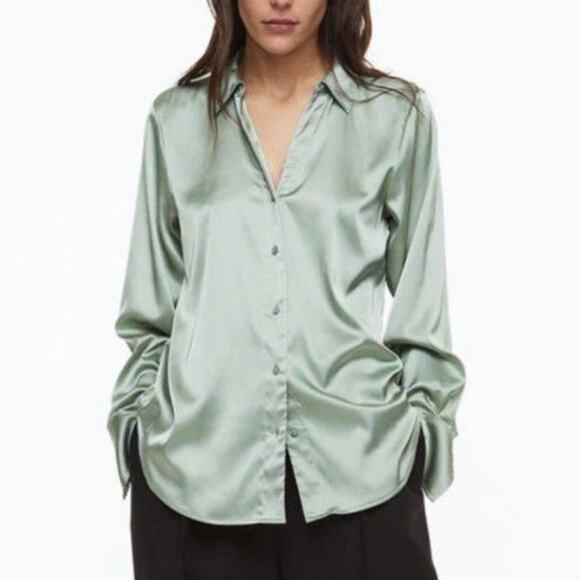 H&M Long Sleeve Satin Button Up Shirt Relaxed Fit V-Neck Sage Green Womens Sz L - Picture 1 of 10